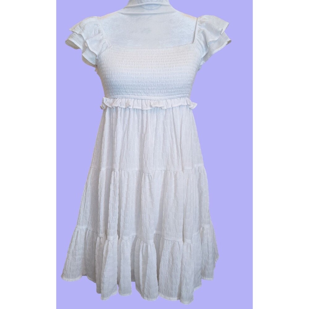 Summer White Babydoll Dress Smocked Tiered Ruffle Sundress Small